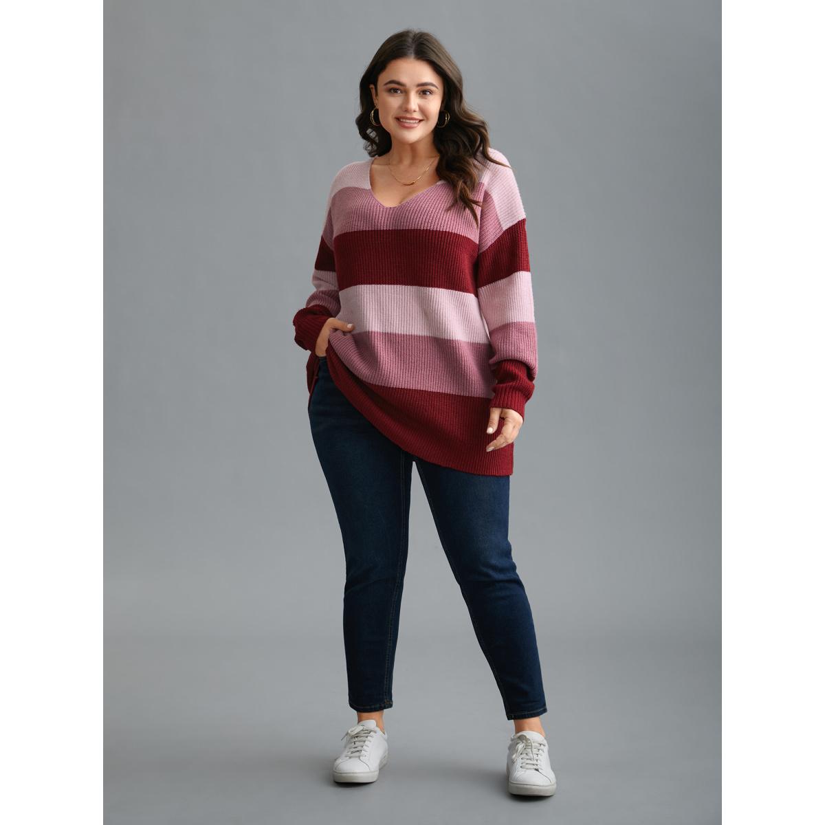 Plus Size Supersoft Essentials Color Block Drop Shoulder Pullover RedViolet Women Casual Loose Long Sleeve V-neck Everyday Pullovers BloomChic 18-20/2X Product Image