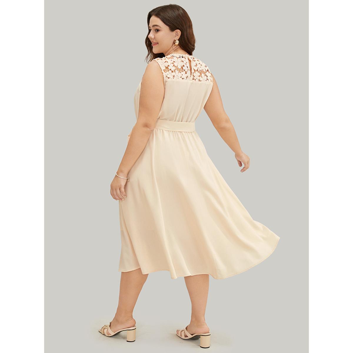 Plus Size Plain Contrast Lace Keyhole Belted Pocket Pompom Trim Tank Dress Beige Women Elegant Lined Round Neck Sleeveless Curvy Midi Dress BloomChic 12/L Product Image