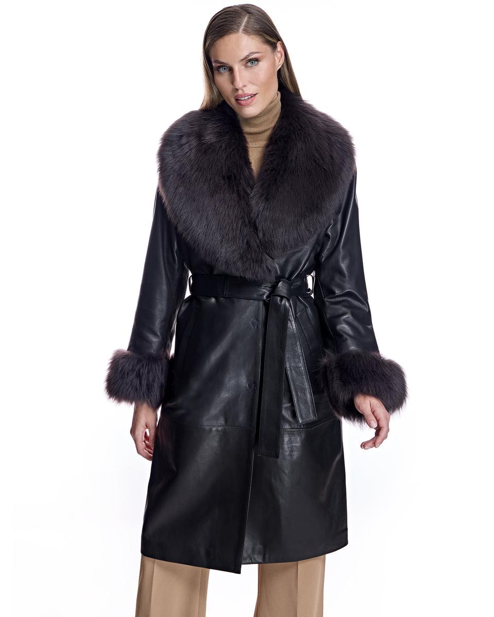 Julia & Stella by Maximilian Belted Leather Short Coat with Shearling Trim Product Image