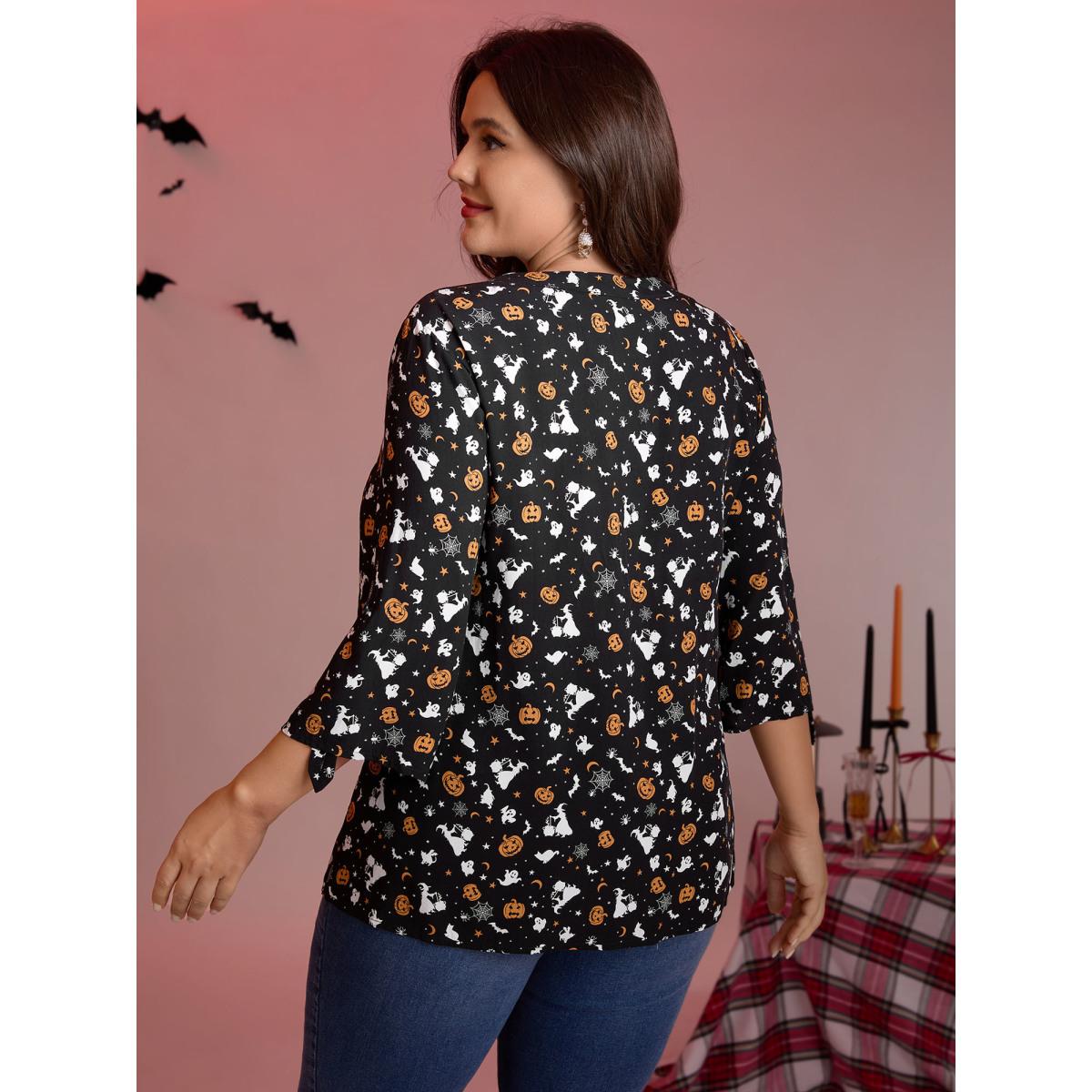 Plus Size BlackFlower Rayon Halloween Print Neck Tie-Up Blouse Women Timeless Elbow-length sleeve V-neck Elegant Blouses BloomChic 18-20/2X Product Image