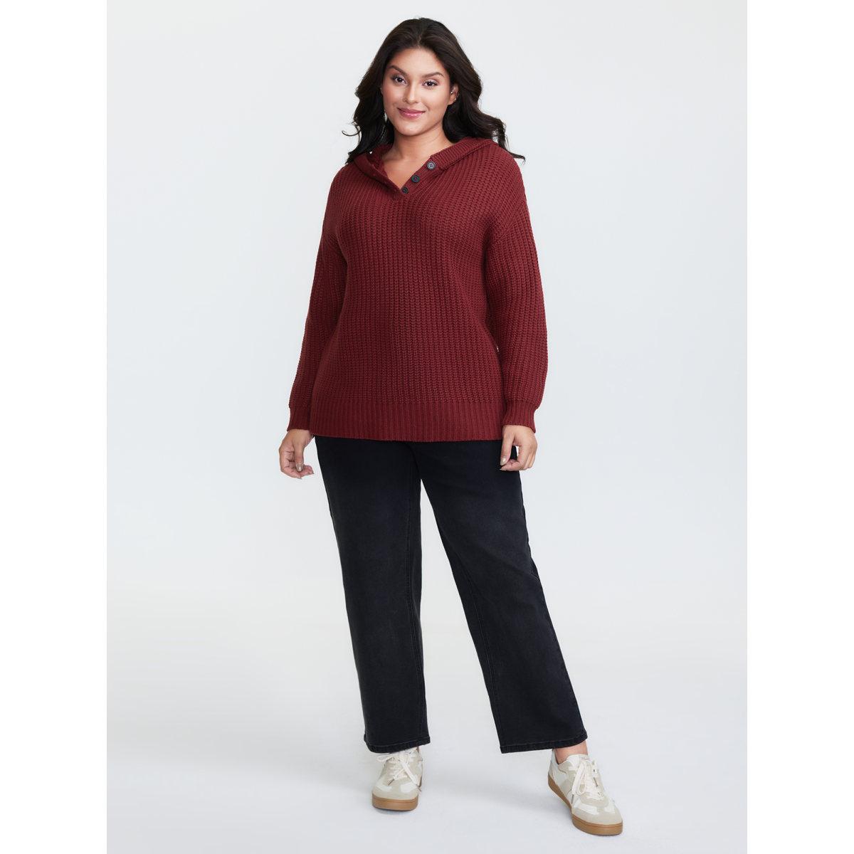 Plus Size Hooded Textured Half Placket Button Pullover Burgundy Women Playful Loose Long Sleeve Hooded Casual Pullovers BloomChic 22-24/3X Product Image