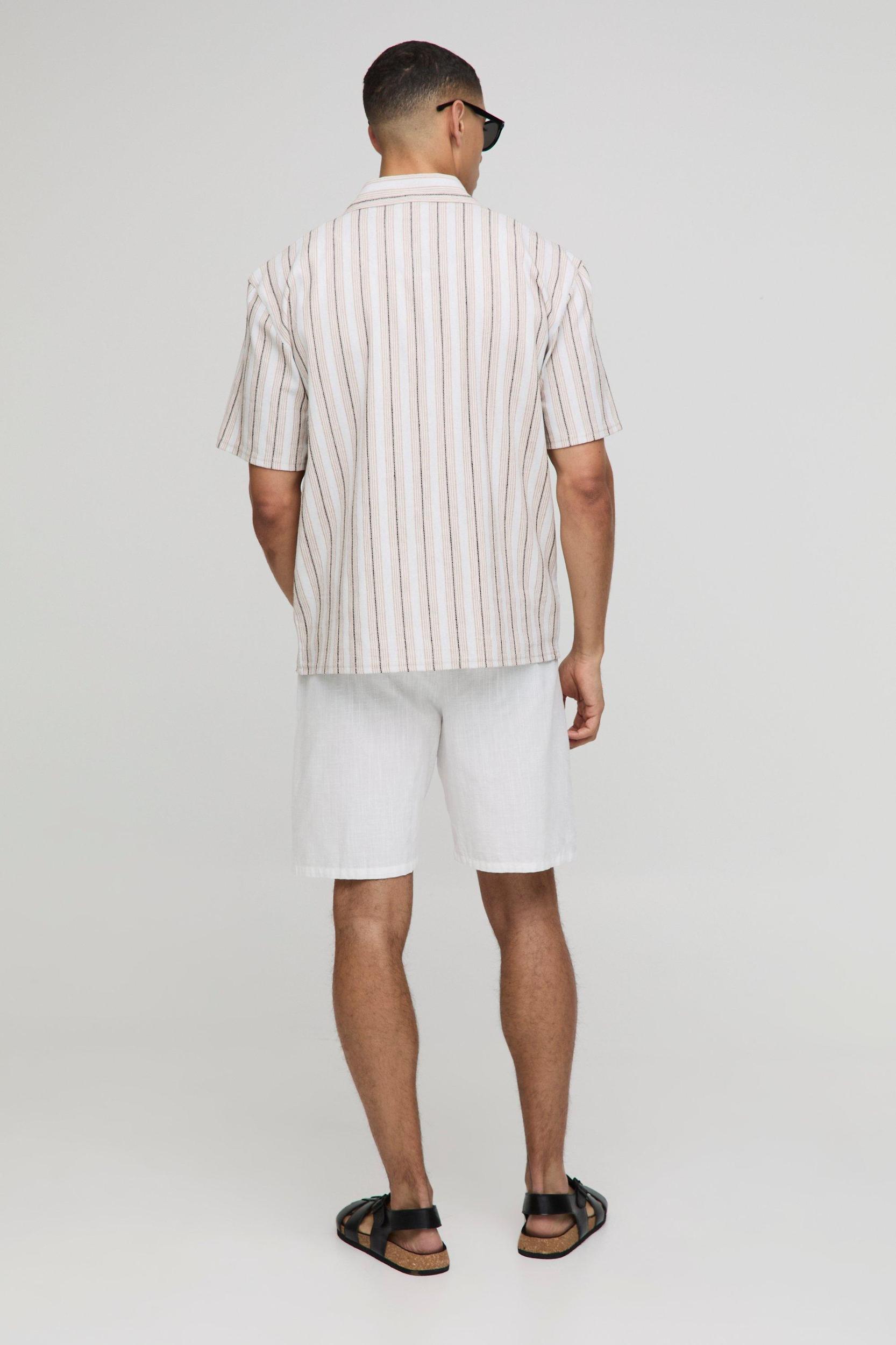 Oversized Linen Look Stripe Collared Shirt | boohooMAN USA Product Image