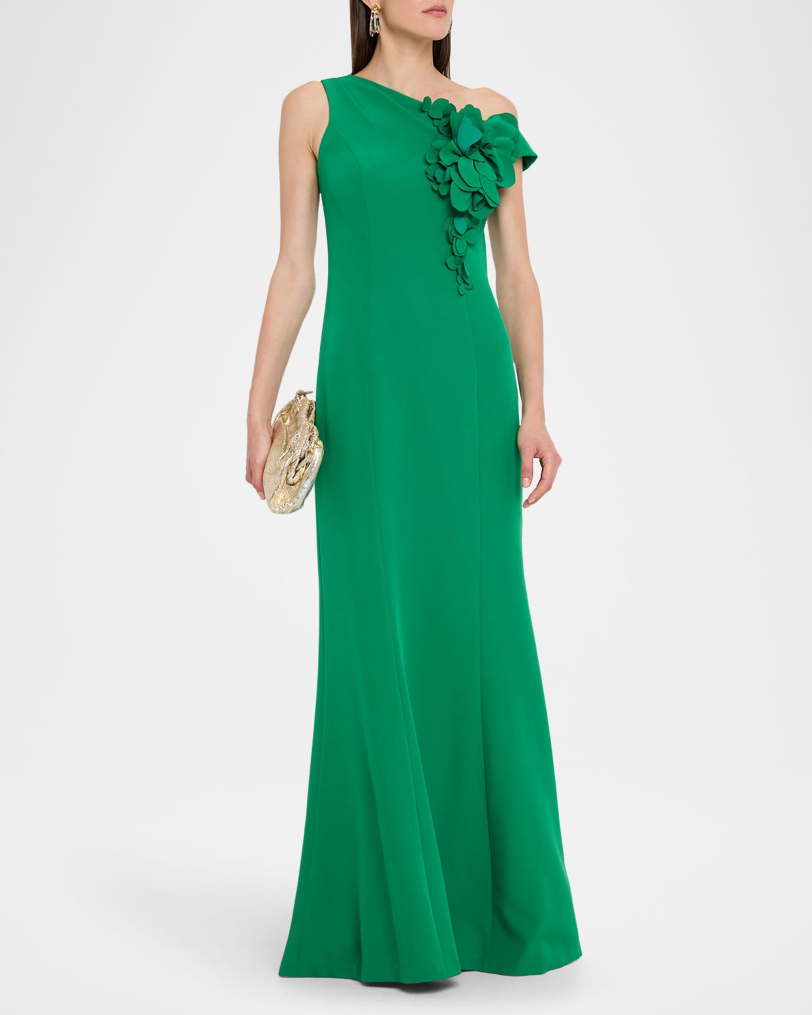 One-Shoulder Floral Applique Stretch Crepe Gown Product Image