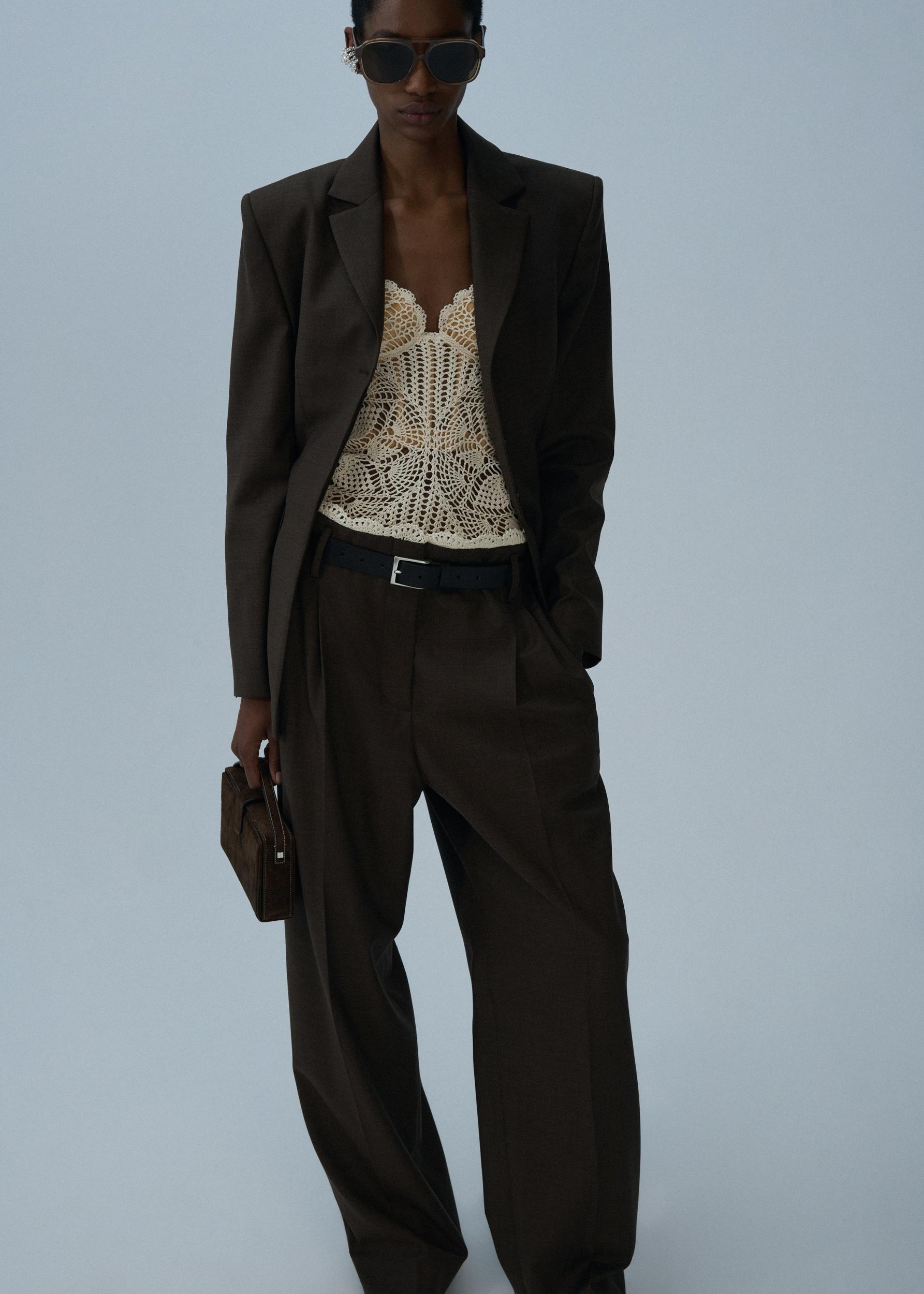 Lace-detail wool tapered trousers in brown Product Image