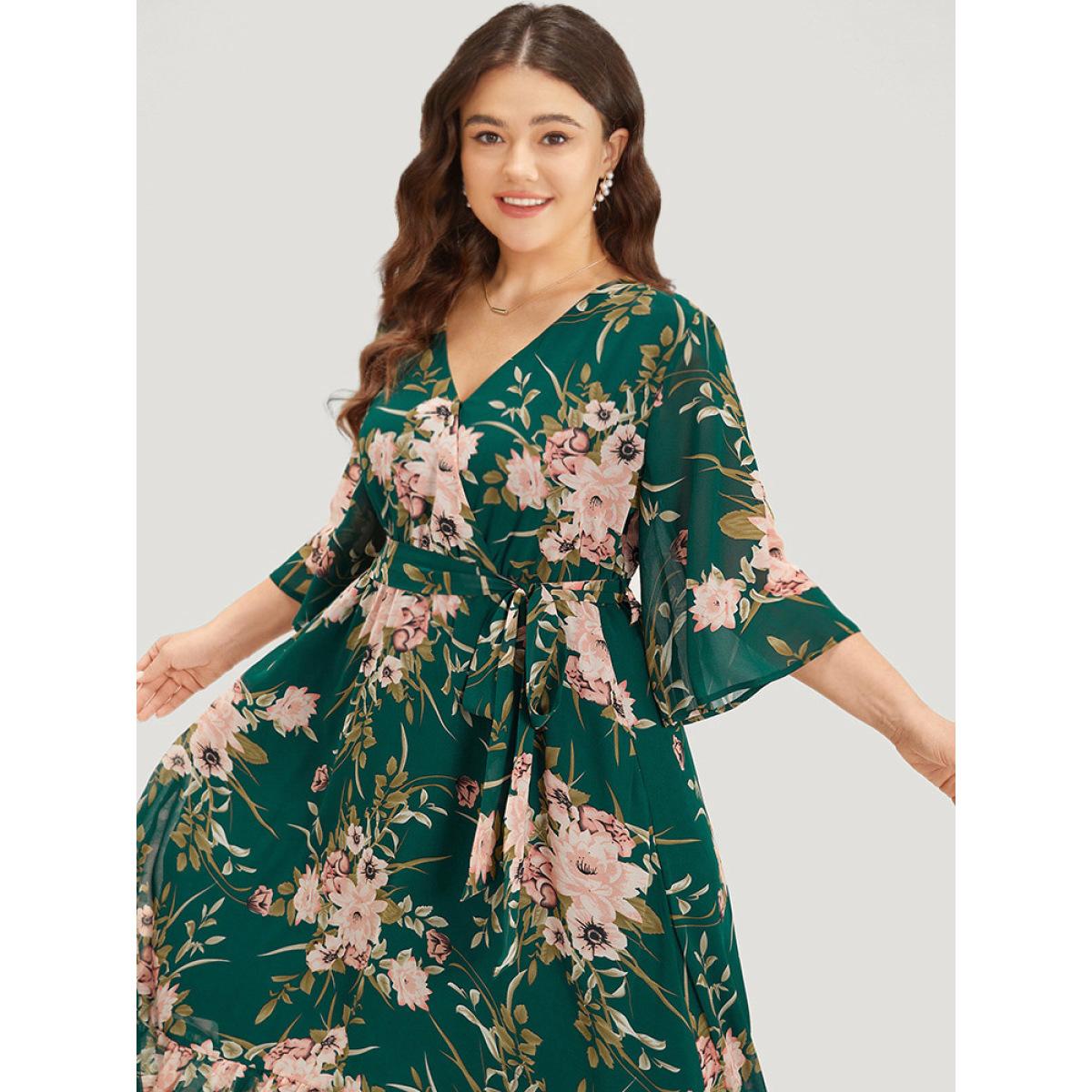 Plus Size Floral Print Surplice Neck Belted Dress DarkGreen Women Elegant Lined V-neck Elbow-length sleeve Curvy Midi Dress BloomChic 22-24/3X Product Image