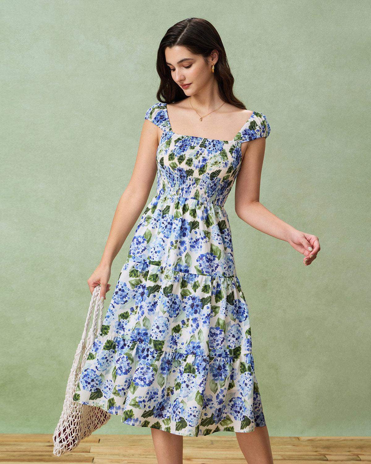 Blue Floral Square Neck Shirred Midi Dress Product Image