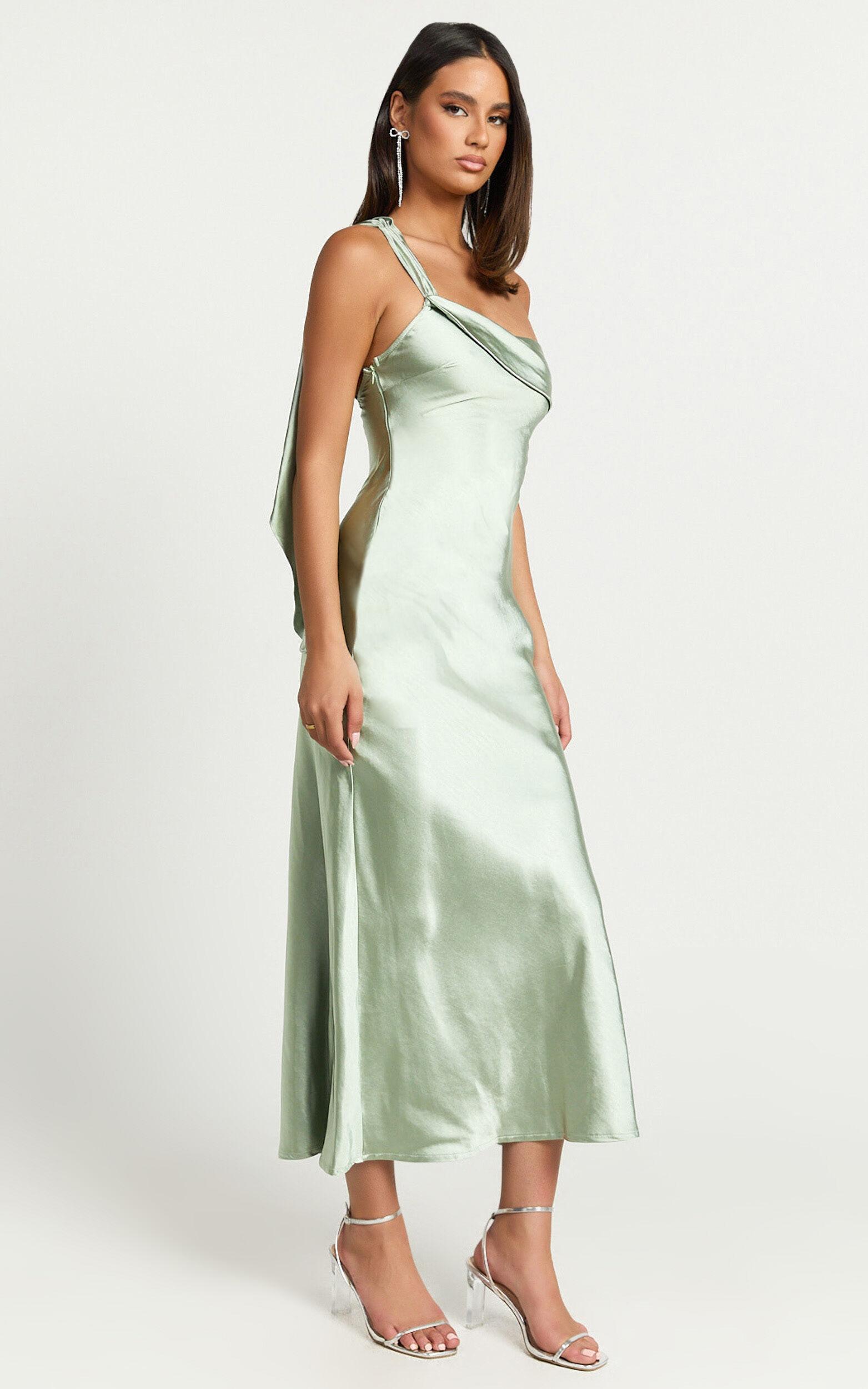 Calix Midi Dress - One shoulder Slip dress in Sage Product Image