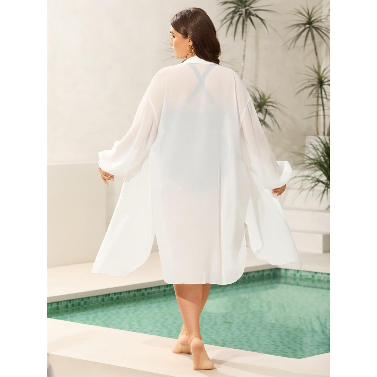 Plus Size Sheer Long Shirt Kimono-Style Cardigan Women WhiteSmoke Resort See through Loose Vacation Kimonos BloomChic 18-20/2X Product Image