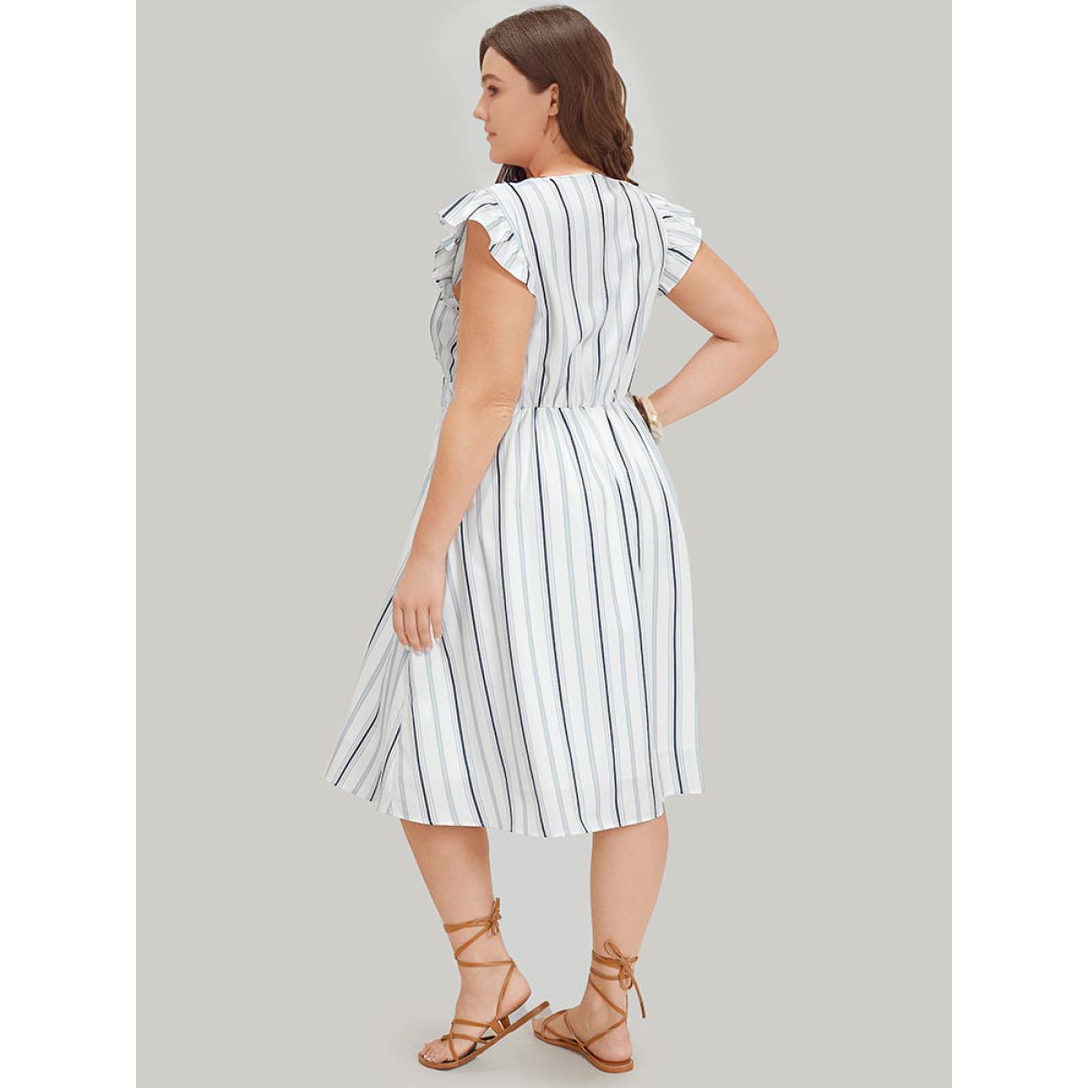 Plus Size Striped Ruffle Cap Sleeve Button Detail Wideband Waist Dress Multicolor Women Elegant Elastic Waist V-neck Cap Sleeve Curvy Midi Dress BloomChic 14-16/1X Product Image