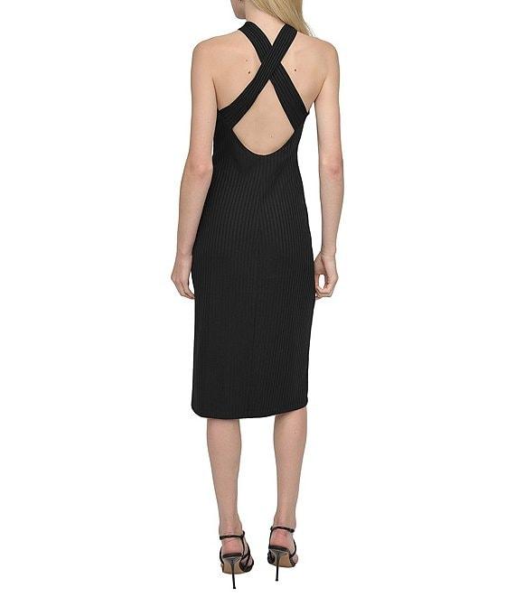 DKNY by Donna Karan Halter Criss Cross Back Ribbed Knit Sheath Midi Dress Product Image