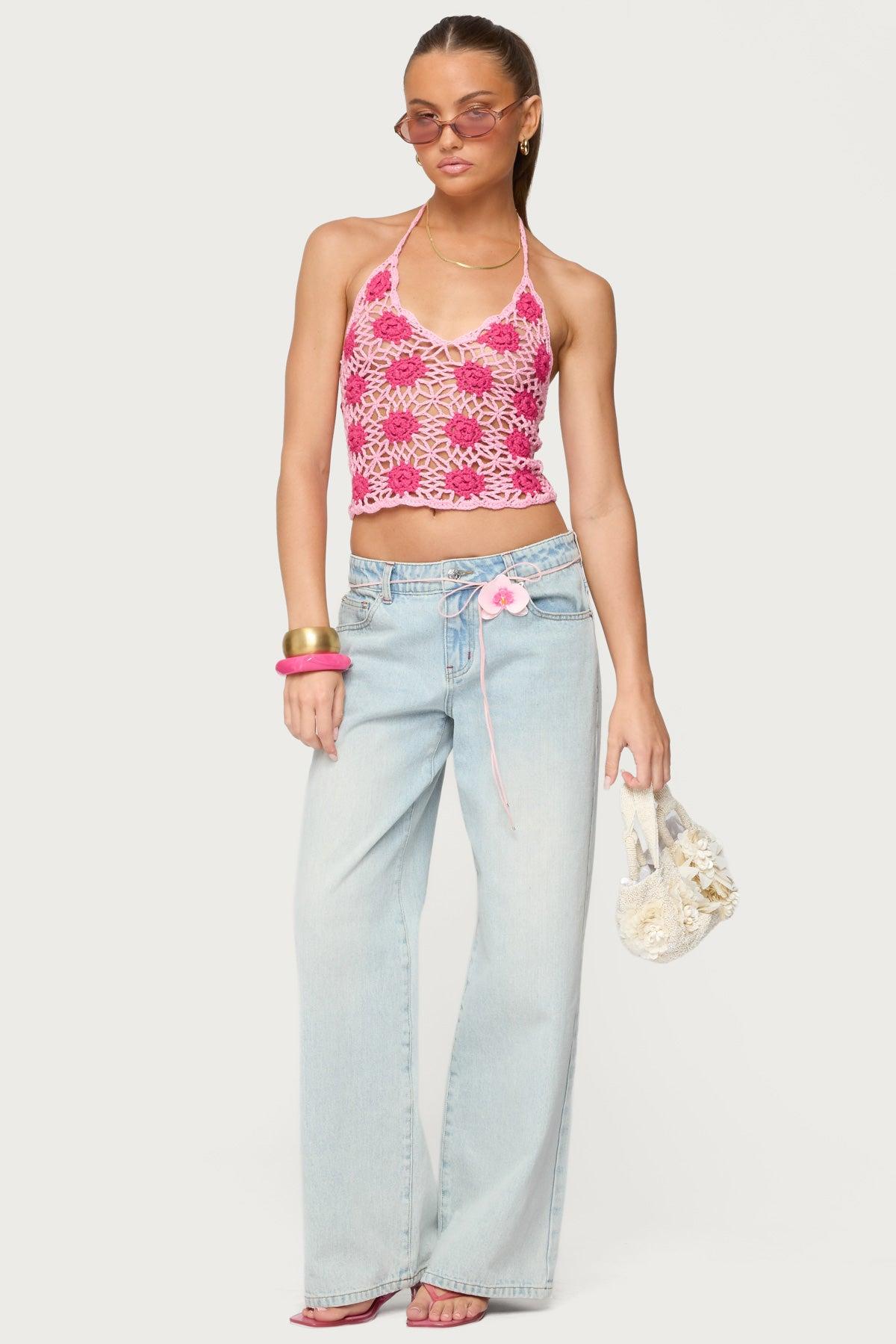 Contrast Floral Crochet Halter Top Product Image