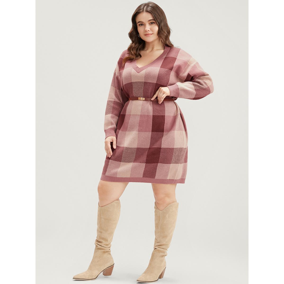 Plus Size Plaid Contrast Pointelle Knit V Neck Sweater Dress Burgundy Women Elegant Long Sleeve Dailywear Sweater Dresses BloomChic 26/4X Product Image