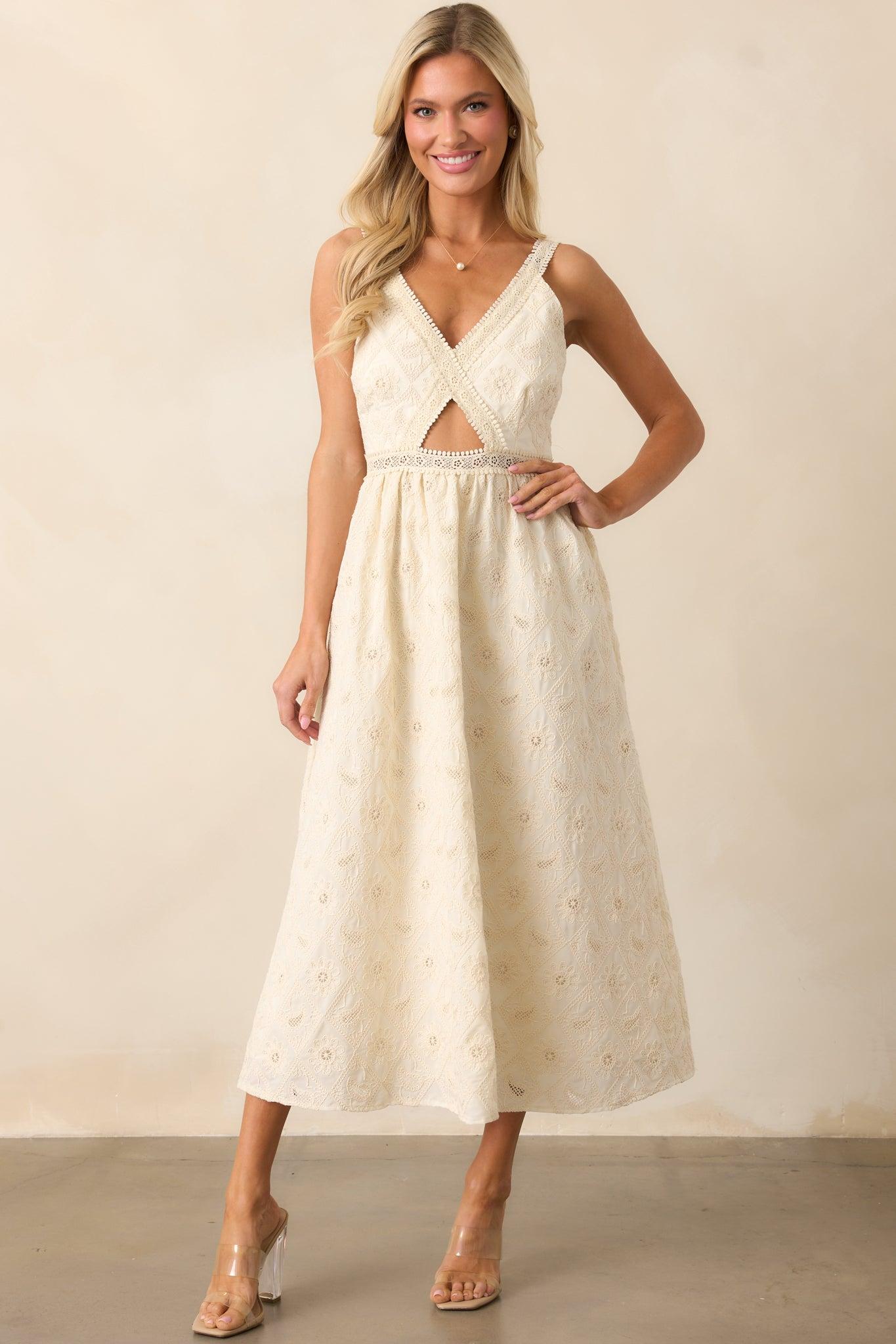 A Touch Of Grace Ivory Embroidered Cutout Midi Dress Product Image