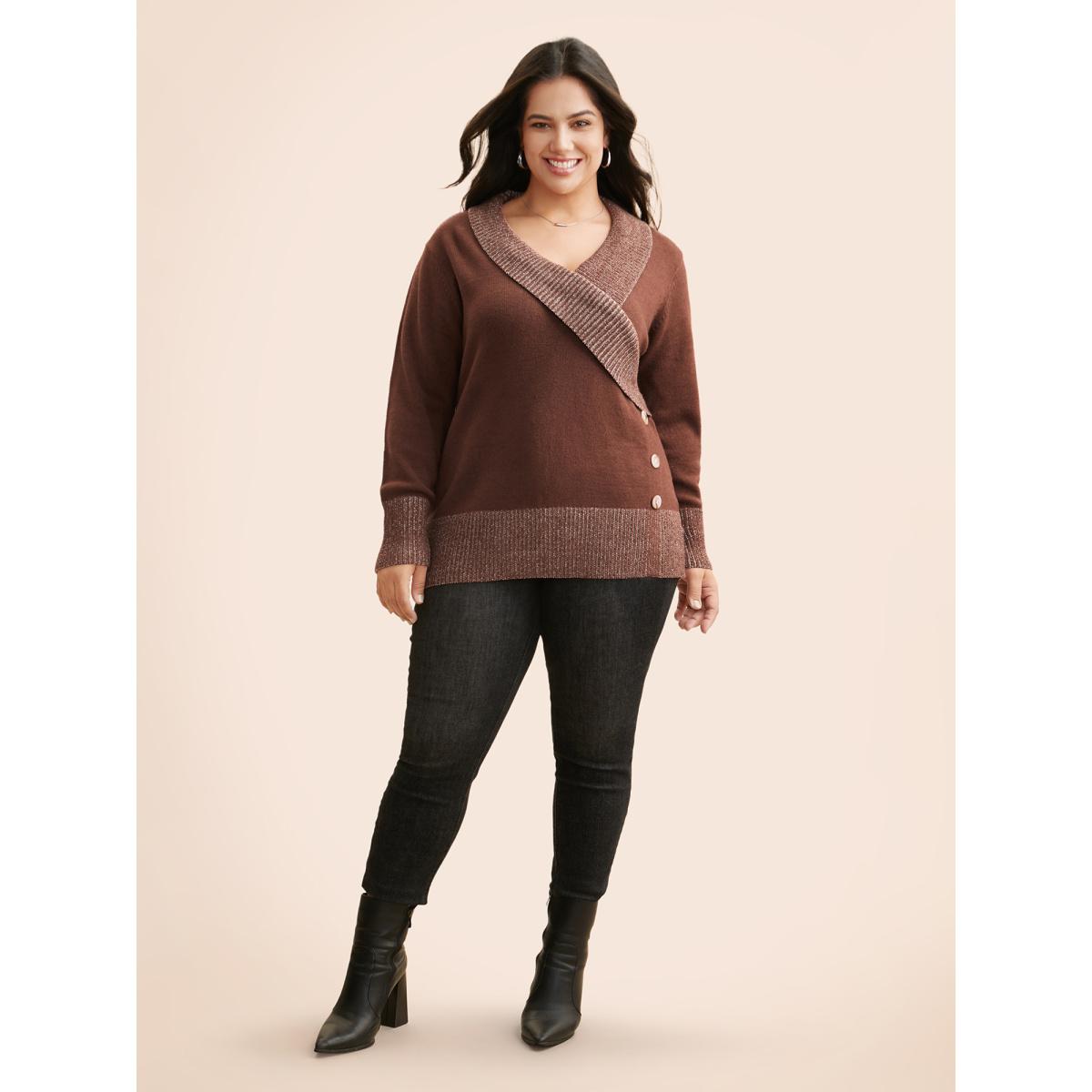 Plus Size Overlap Collar Contrast Button Detail Pullover Rust Women Casual Long Sleeve Overlap Collar Everyday Pullovers BloomChic 14-16/1X Product Image