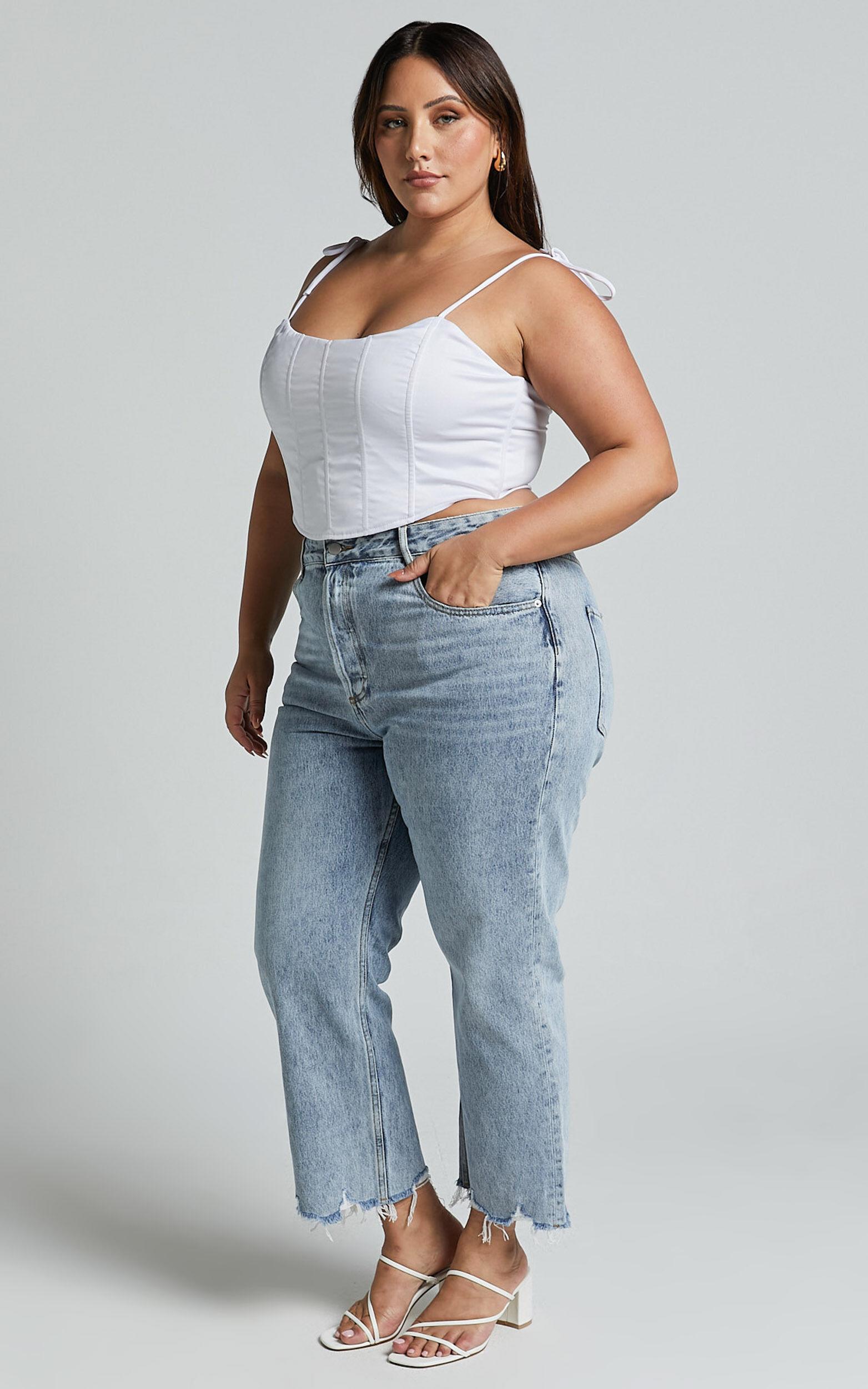 Zelrio Jeans - High Waisted Recycled Cotton Cropped Denim Jeans in Mid Blue Wash Product Image