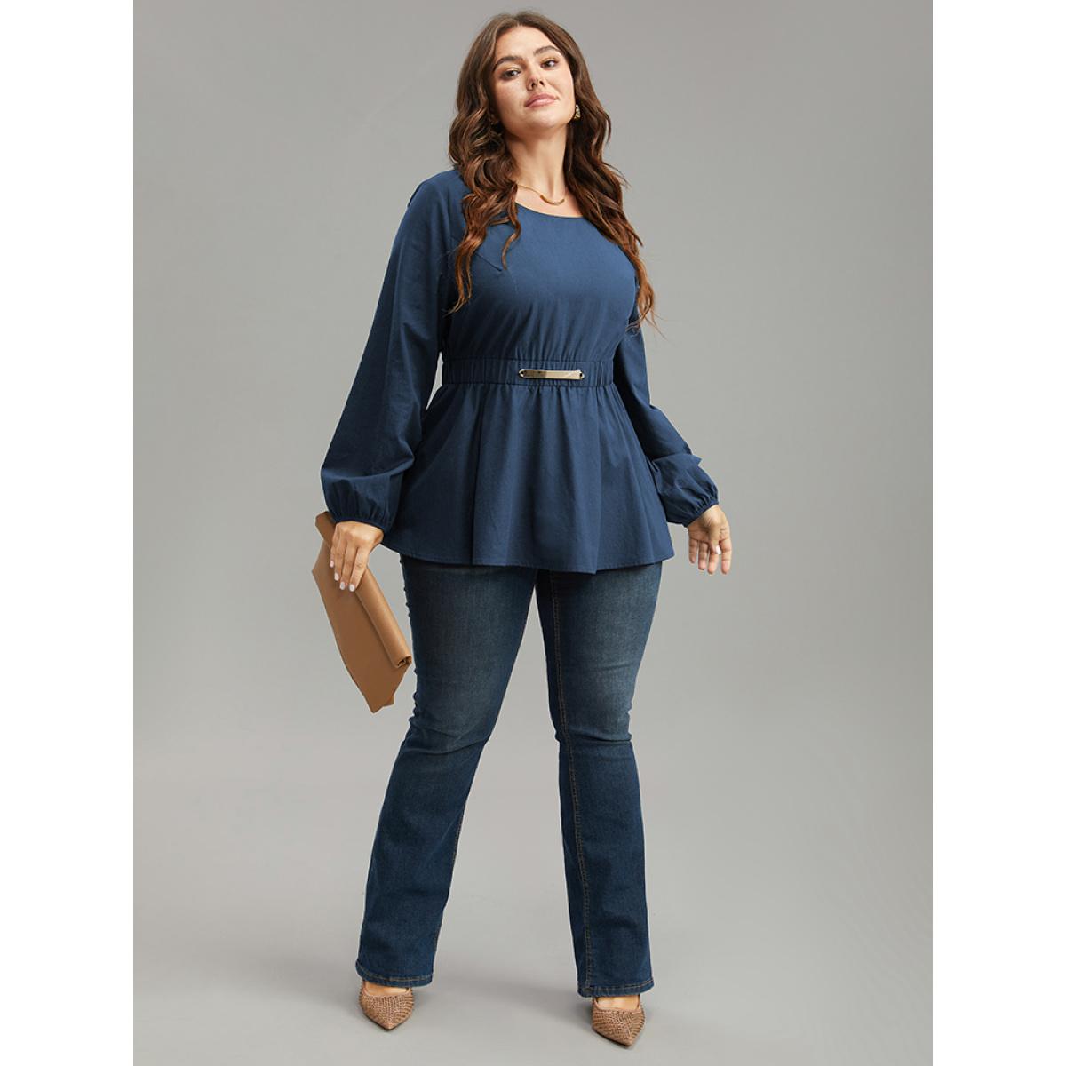 Plus Size Indigo Cotton Solid Metal Detail Lantern Sleeve Blouse Women Office Long Sleeve Round Neck Office Blouses BloomChic 14-16/1X Product Image