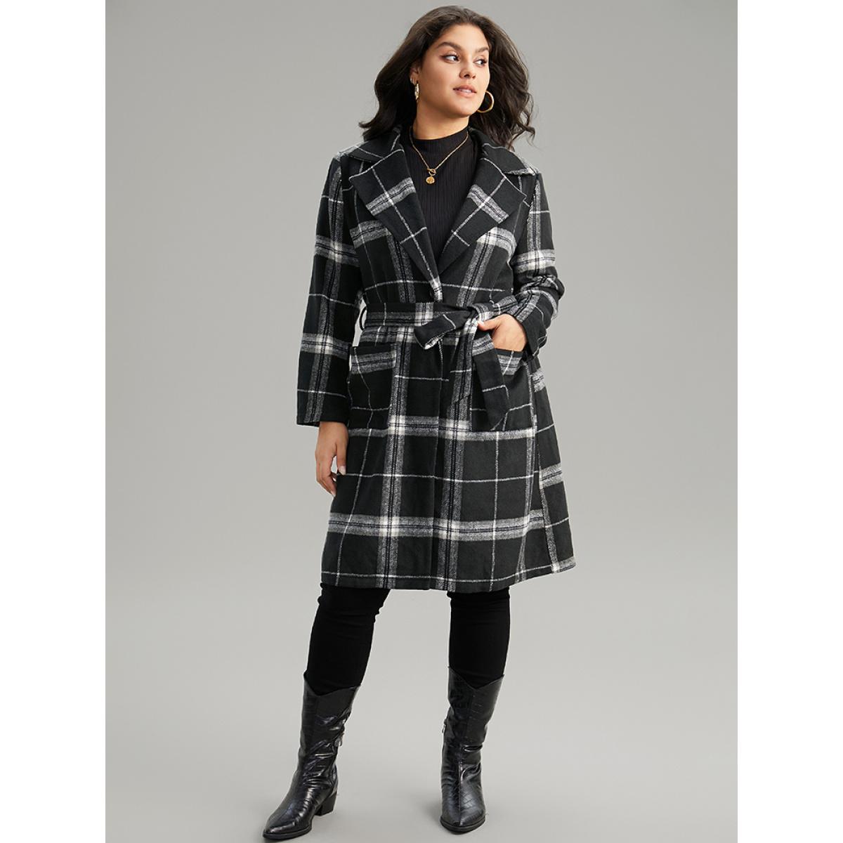 Plus Size Lapel Collar Plaid Belted Contrast Coat Women Black Casual Belted Ladies Dailywear Winter Coats BloomChic 22-24/3X Product Image