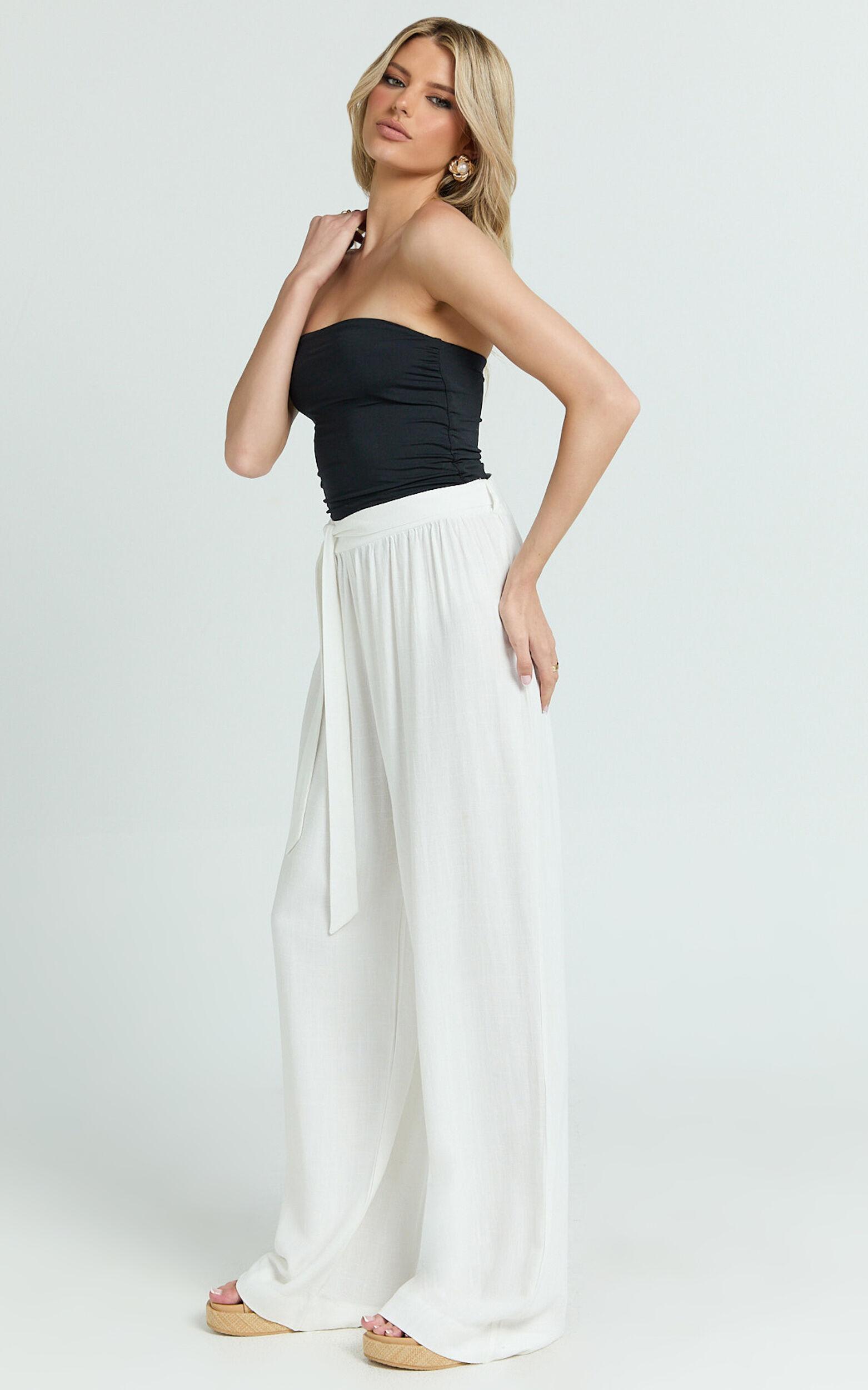 Kalli Pants - Linen Look Belted Wide Leg Relaxed Pants in White Product Image