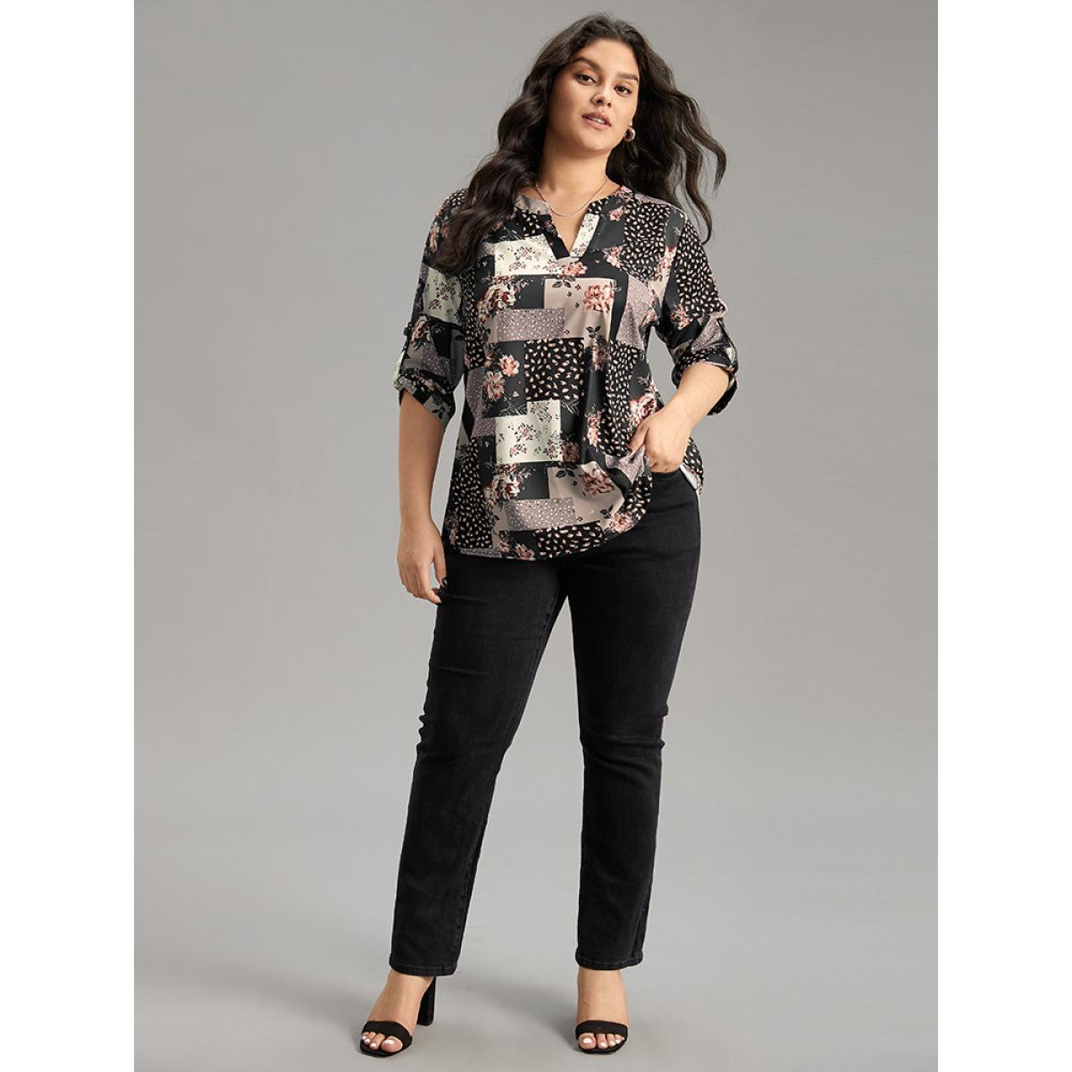 Plus Size BlackFlower Floral Colorblock Contrast Tab Sleeve Blouse Women Elegant Elbow-length sleeve V-neck Dailywear Blouses BloomChic 14-16/1X Product Image