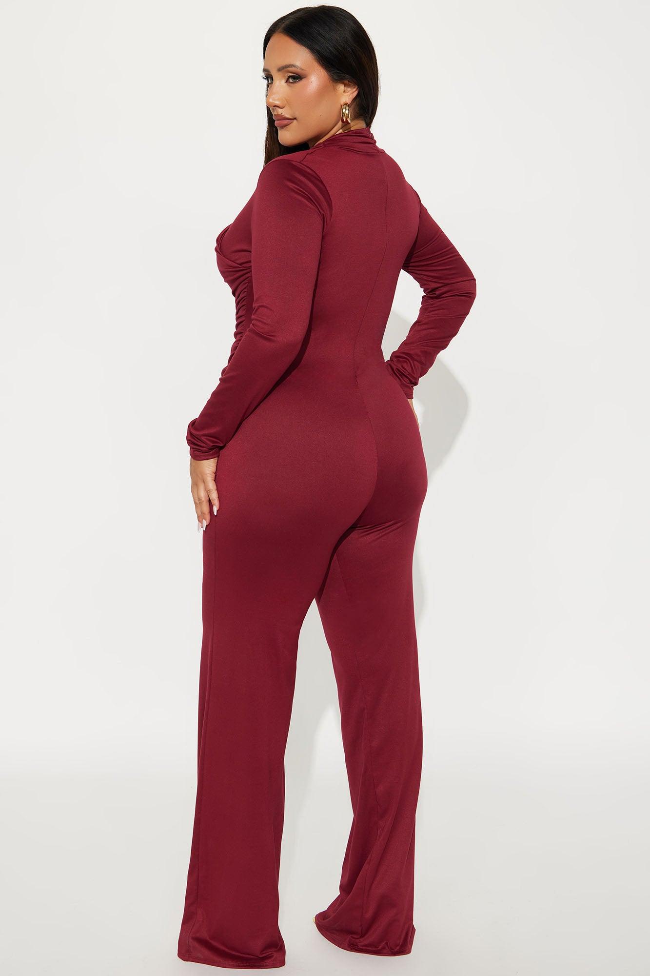 Rose Long Sleeve Wide Leg Jumpsuit - Burgundy Female Product Image
