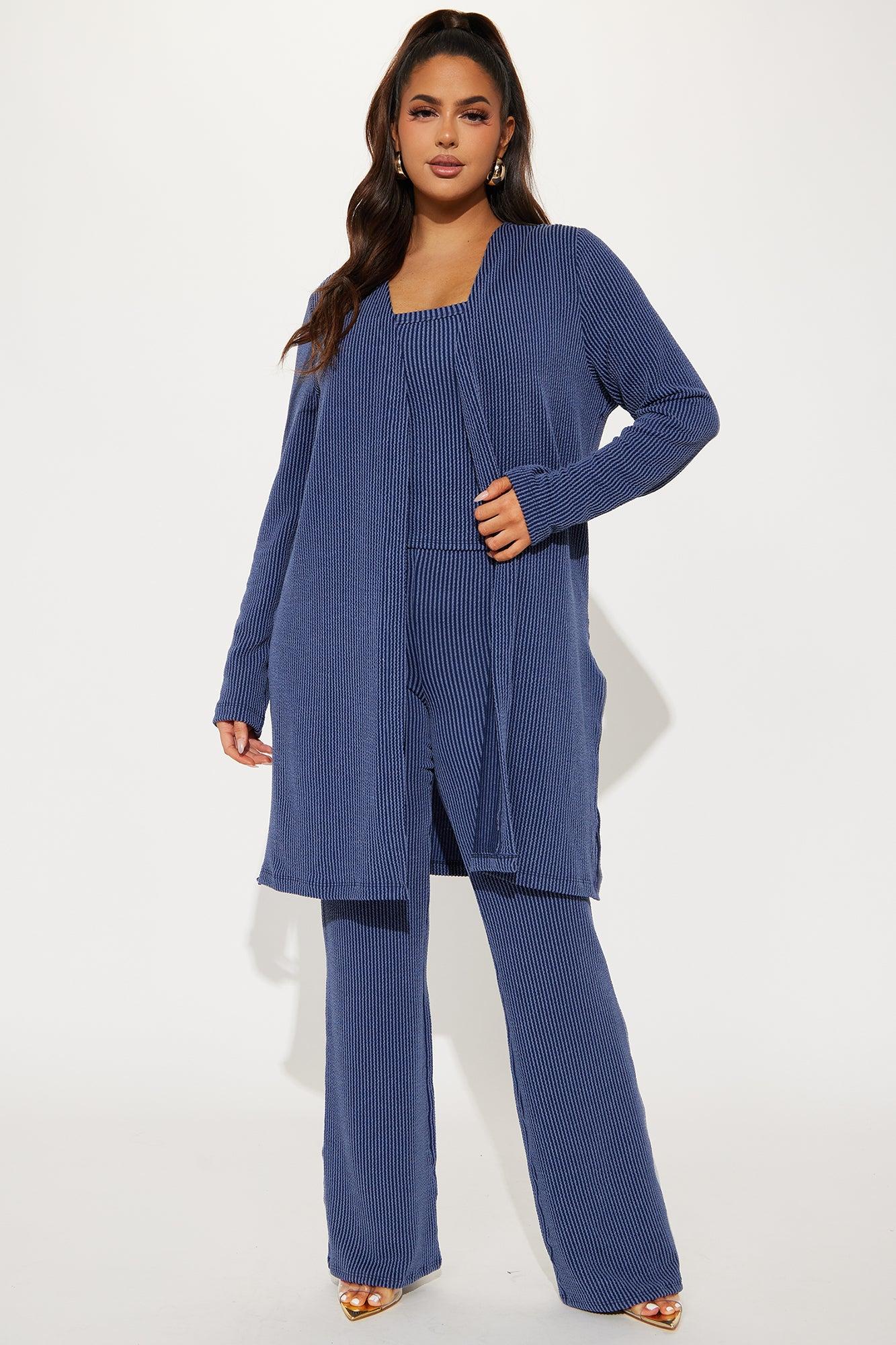 Weekend Vibe Ribbed 3 Piece Pant Set - Navy Product Image