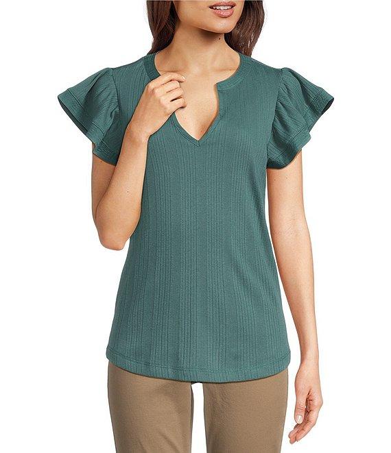 Democracy Petite Size Mix-Media Split V-Neck Cap Sleeve Shirttail Hem Knit Top Product Image