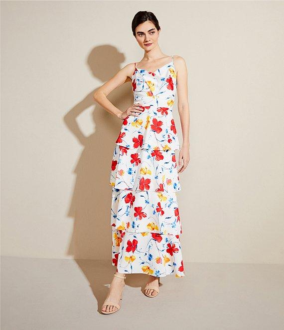 Anne Klein Satin Floral Print V-Neck Sleeveless Tiered A-Line Maxi Dress Product Image