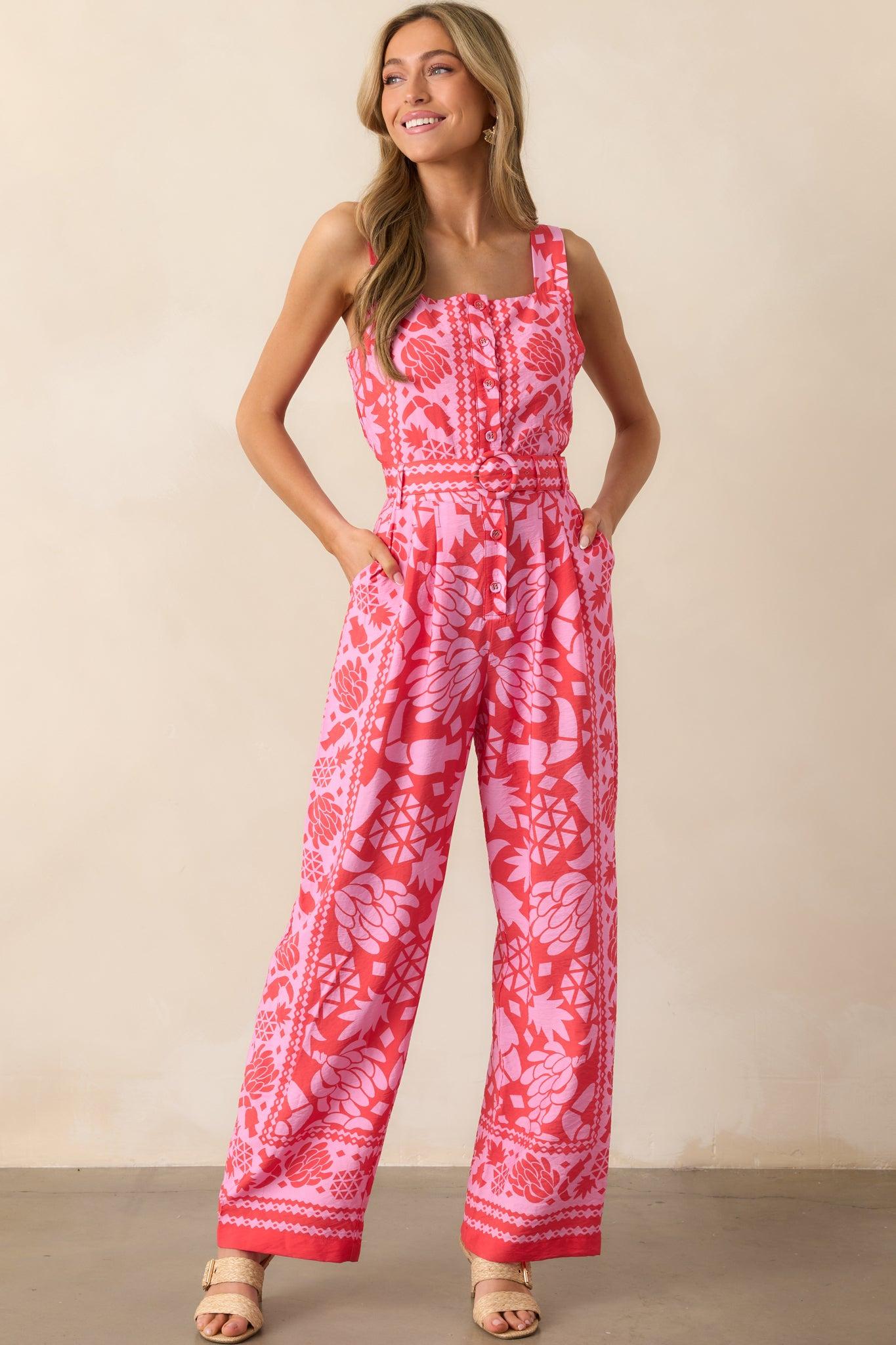 Take The Leap Coral Pink Floral Button Front Belted Jumpsuit Product Image