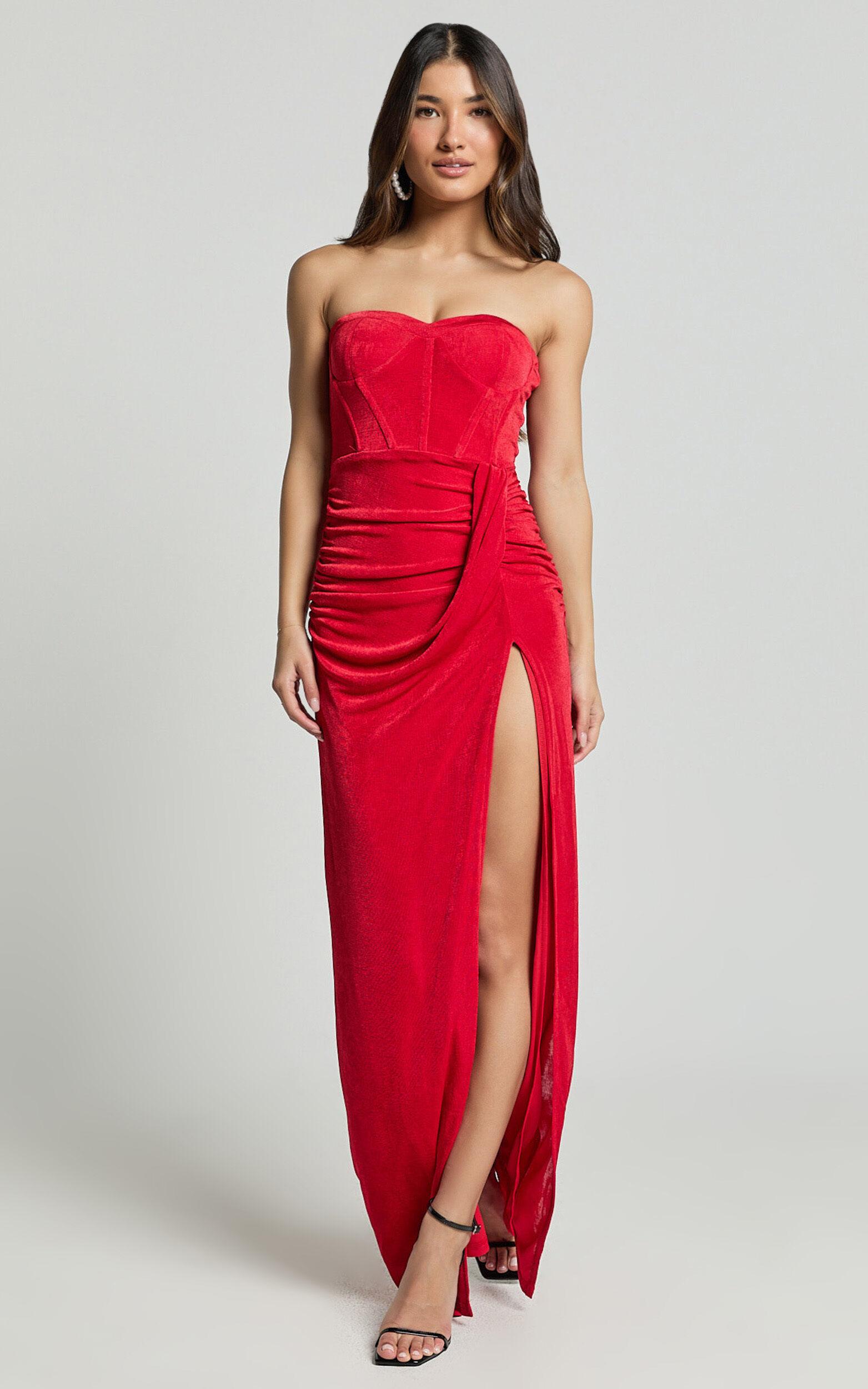Brydie Maxi Dress - Strapless Corset Draped High Split Dress in Red Product Image