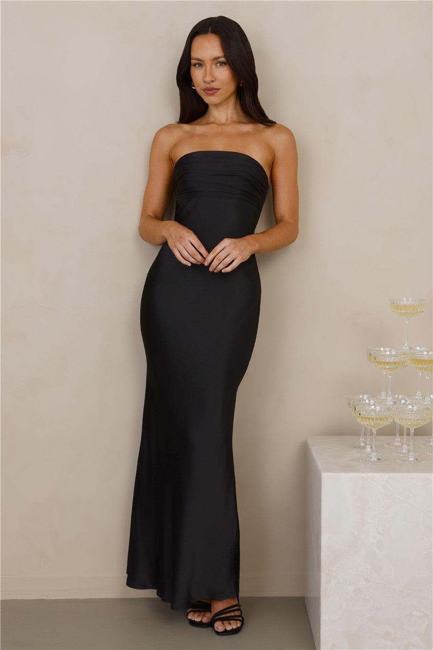 The Seraphina Strapless Satin Maxi Dress Black Product Image