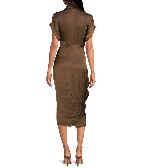 Steve Madden Tori Satin Point Collar Short Kimono Cuff Sleeve Belted Ruched Front Asymmetrical Hem Midi Shirt Dress Product Image
