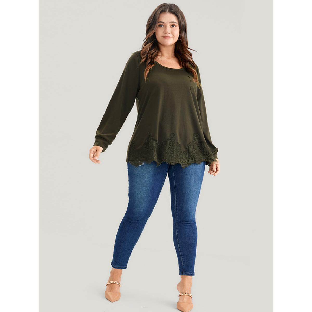 Plus Size Solid Round Neck Pocket Lace Hem Sweatshirt Women ArmyGreen Elegant Patchwork Round Neck Dailywear Sweatshirts BloomChic 14-16/1X Product Image