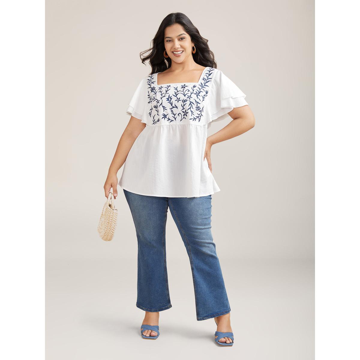 Plus Size Originalwhite Embroidered Layered Flutter Sleeve Blouse Women Resort Cap Sleeve Square Neck Vacation Blouses BloomChic 12/L Product Image