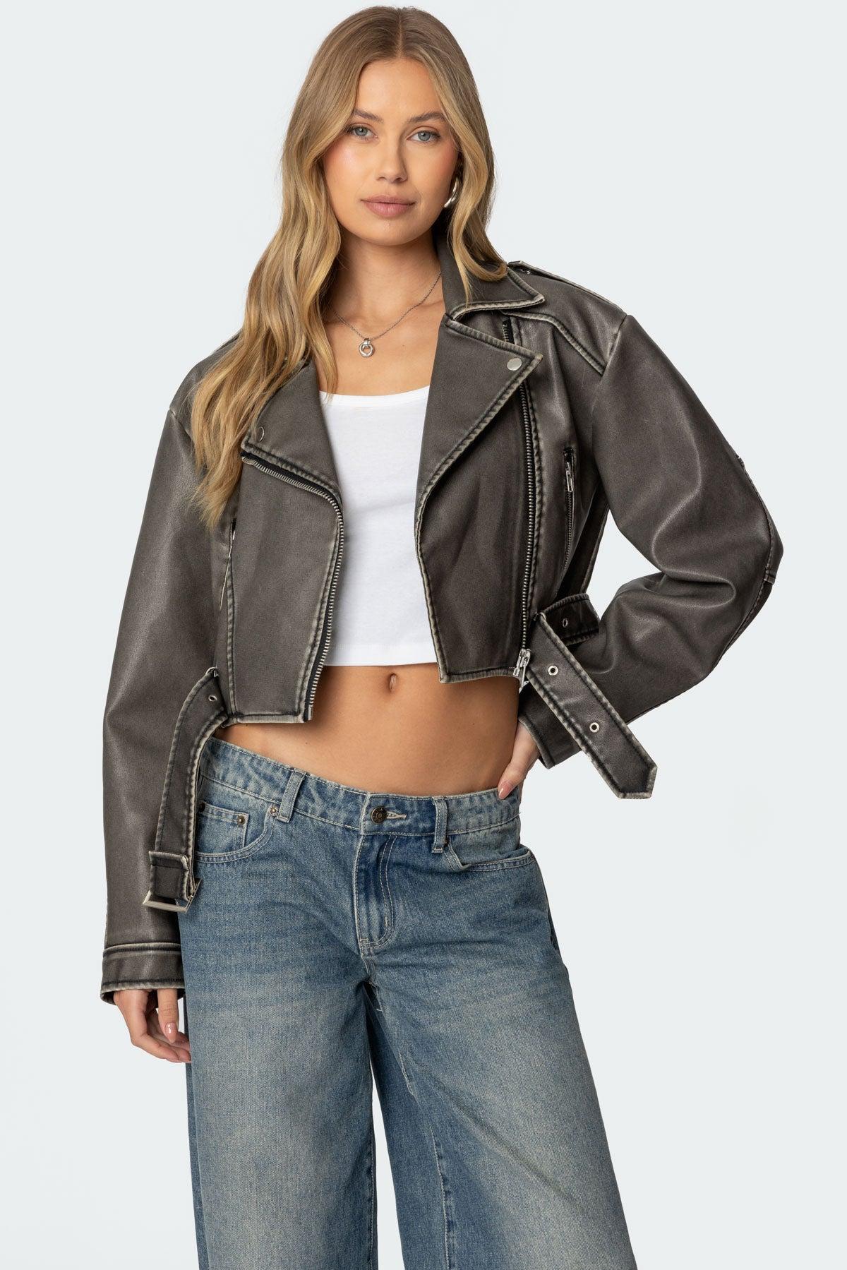 Washed Faux Leather Jacket Product Image