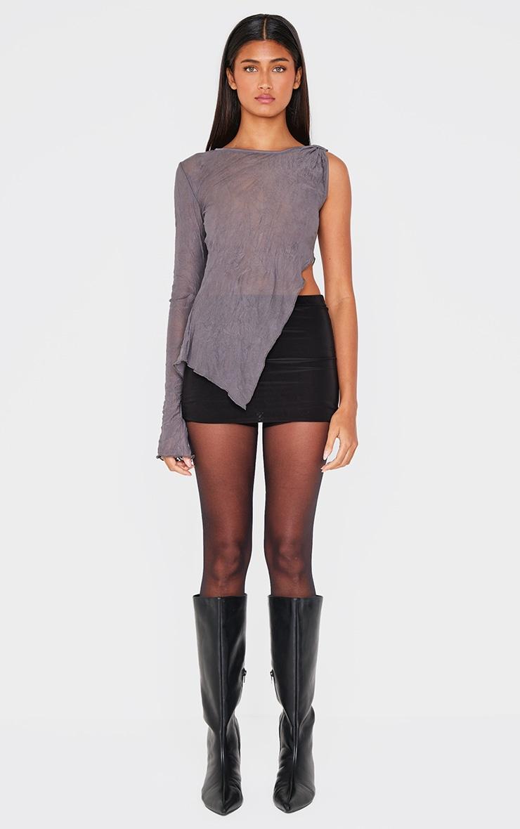 Charcoal Crinkle Mesh Sleeve Detail Asymmetric Hem Long Top Product Image
