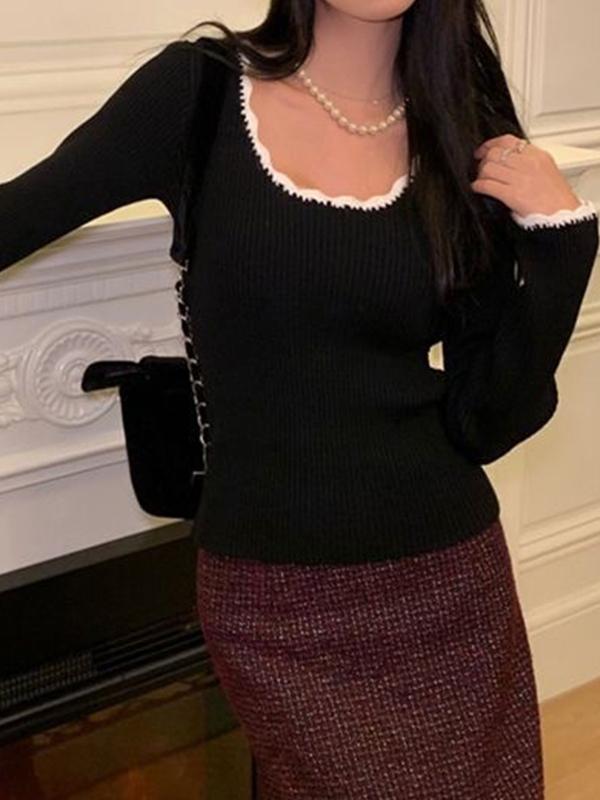 Contrast Color Trim Slim Long Sleeve Knit Product Image