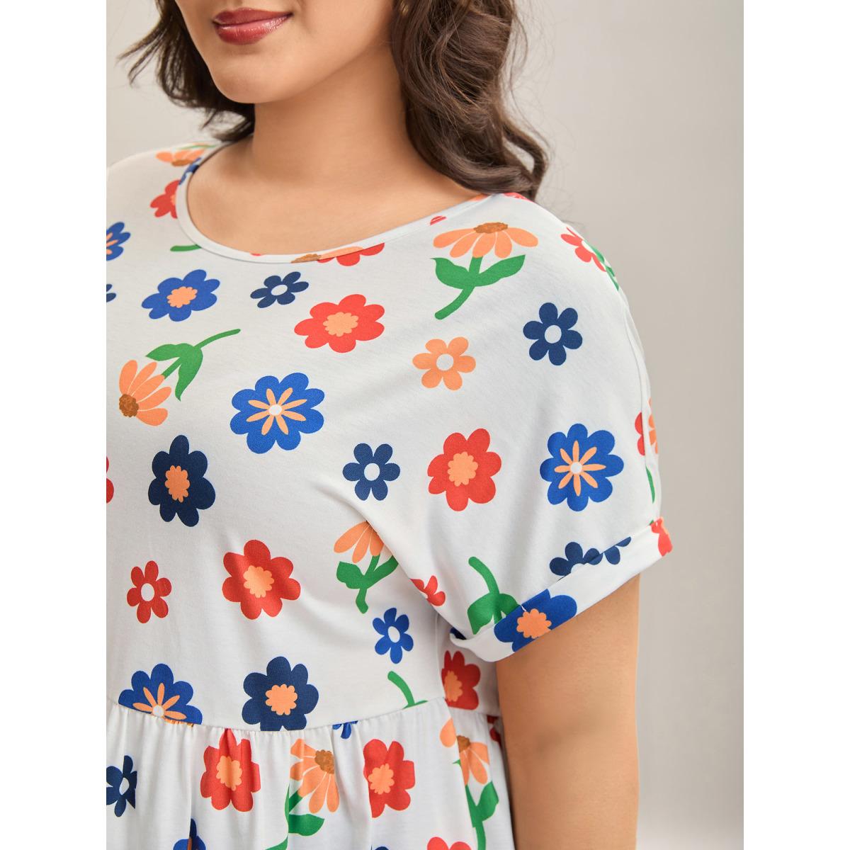 Plus Size Multi-Color Floral Print Babydoll Top Multicolor Women Gathered Natural Flowers Round Neck Everyday-Casual T-shirts BloomChic 18-20/2X Product Image