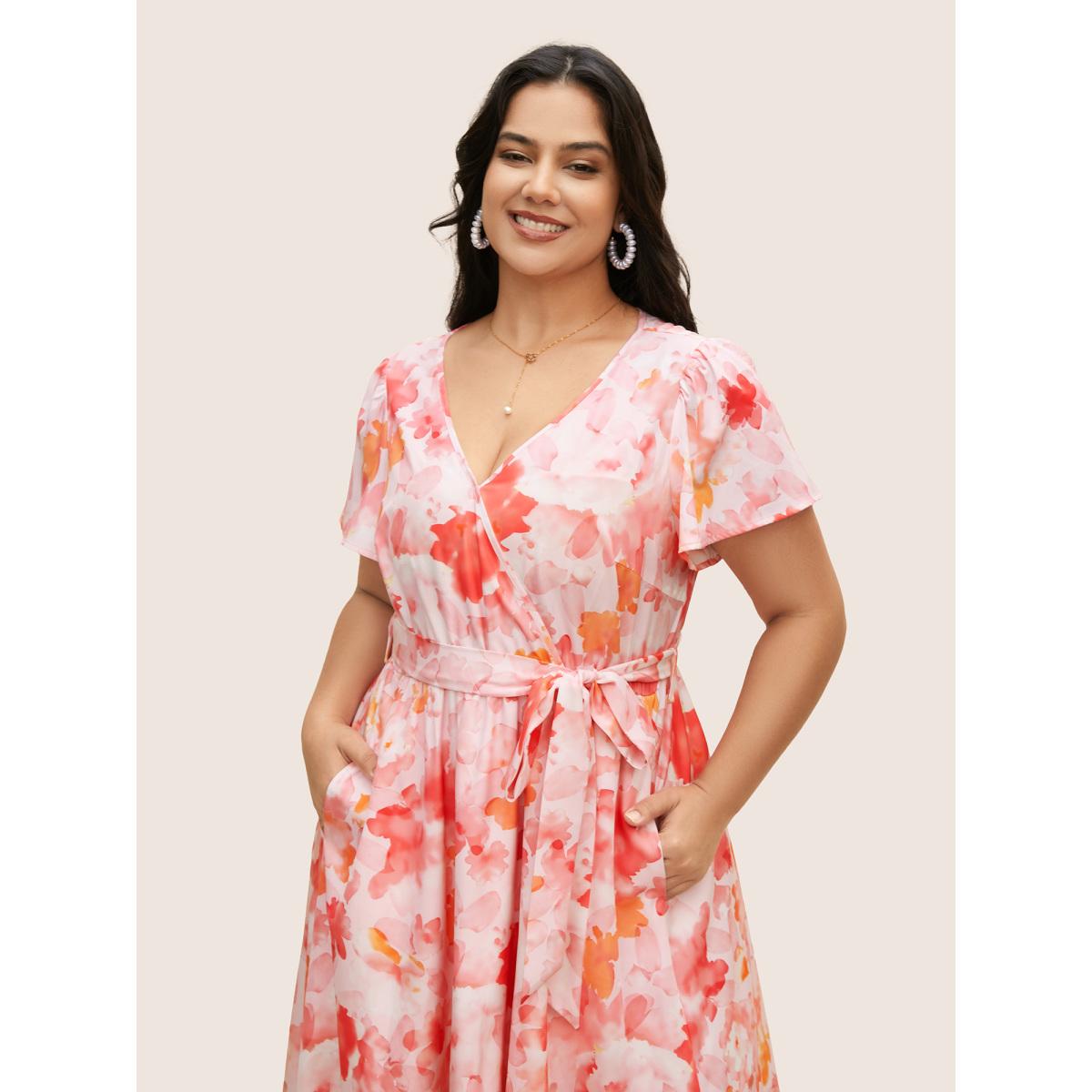 Plus Size Watercolor Floral Ruffles Asymmetrical Hem Dress Nudepink Women Elegant Belted Overlap Collar Cap Sleeve Curvy BloomChic 28/5X Product Image