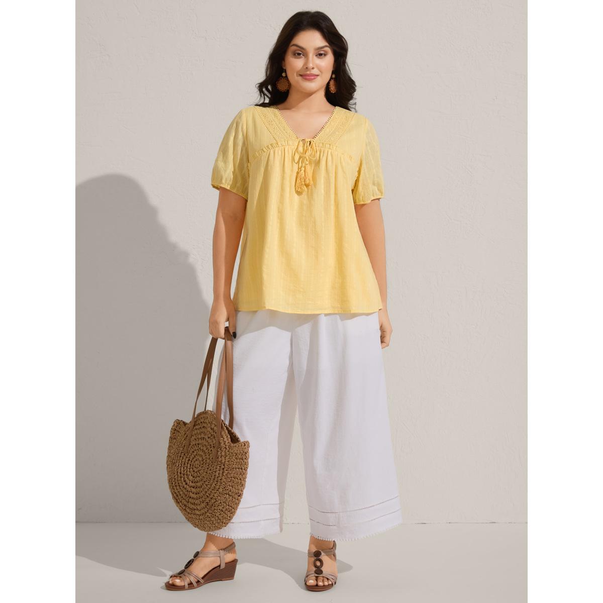 Plus Size Lightyellow Cotton Textured Lace Trim Neck-Tie Blouse Women Boho Short sleeve V-neck Vacation Blouses BloomChic 10/M Product Image