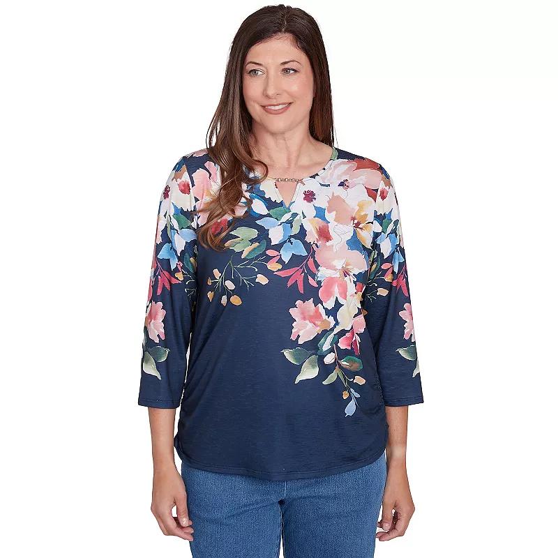 Women's Alfred Dunner Floral Knit Ruched Sleeve Top, Size: Medium, Blue Product Image