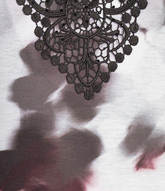 Allison Daley Petite Size Blurry Flower 3/4 Sleeve Split Round Neck Lace Detail Knit Top Product Image