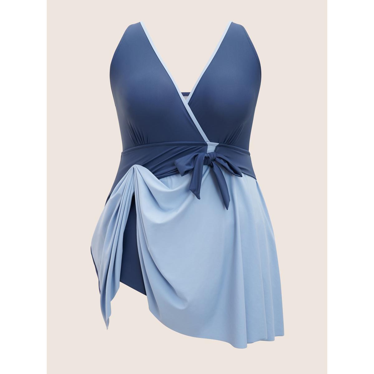 Plus Size Contrast V Neck Tie Knot Swim Dress Women's Swimwear Indigo Beach Bodycon V-neck High stretch Curve Swim Dresses BloomChic 12/L Product Image