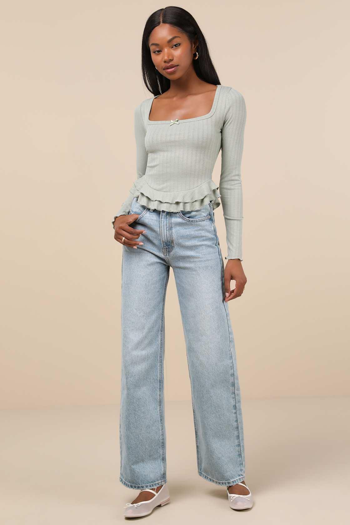 Instinctually Cute Sage Green Ribbed Ruffled Long Sleeve Top Product Image