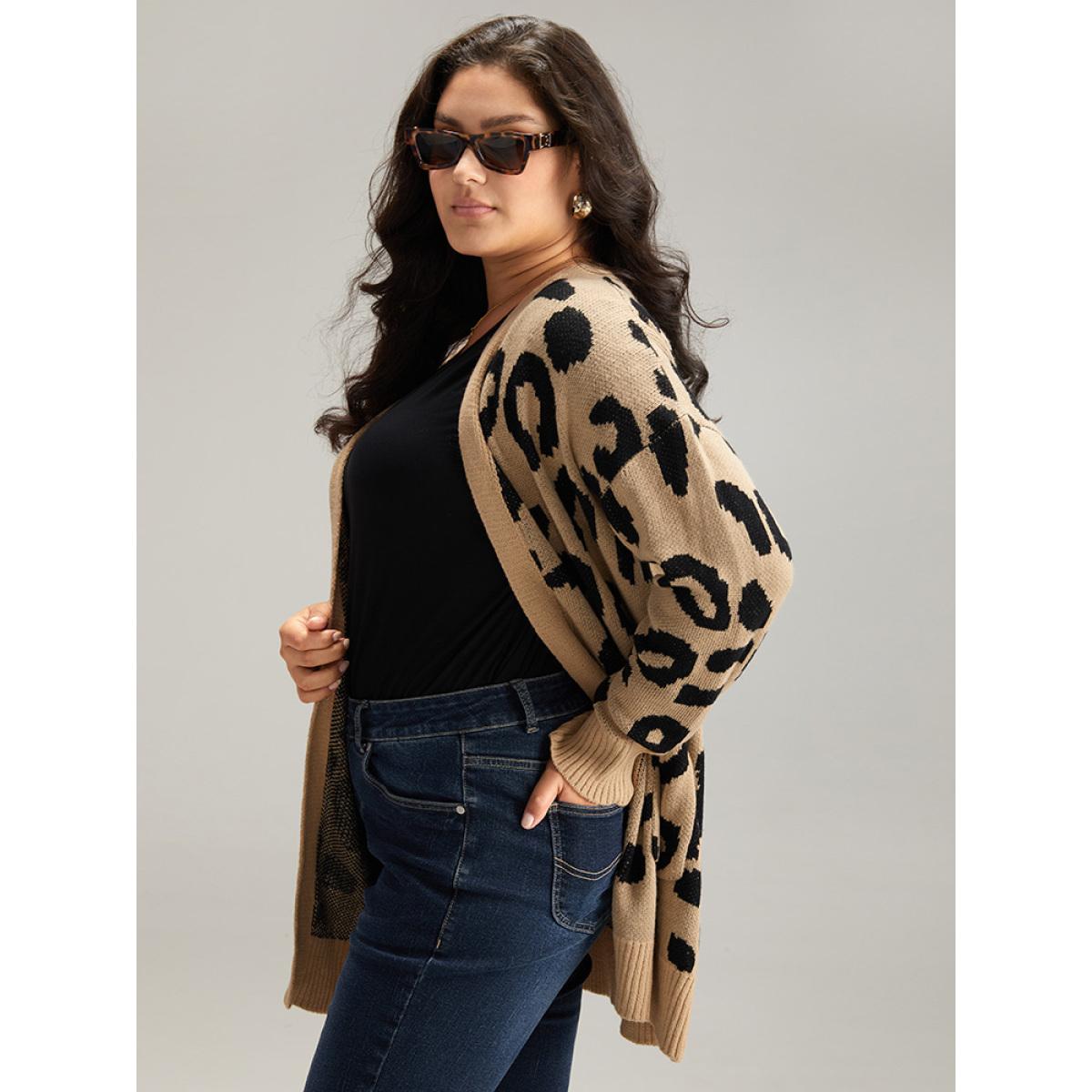 Plus Size Leopard Elastic Cuffs Drop Shoulder Cardigan Leopard Women Casual Loose Long Sleeve Everyday Cardigans BloomChic 22-24/3X Product Image