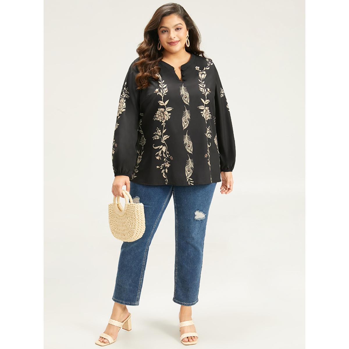 Plus Size Black Floral Print Button Up Lantern Sleeve Blouse Women Elegant Long Sleeve Round Neck Dailywear Blouses BloomChic 12/L Product Image