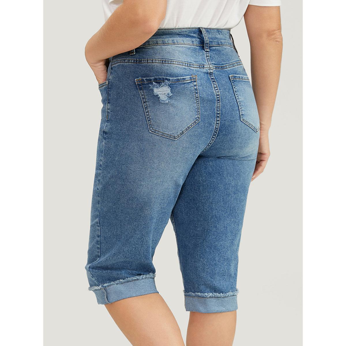 Plus Size Moderately Stretchy Roll Hem Ripped Knee Denim Shorts Women Blue Casual Plain Medium stretch Slanted pocket Jeans BloomChic 12/L Product Image