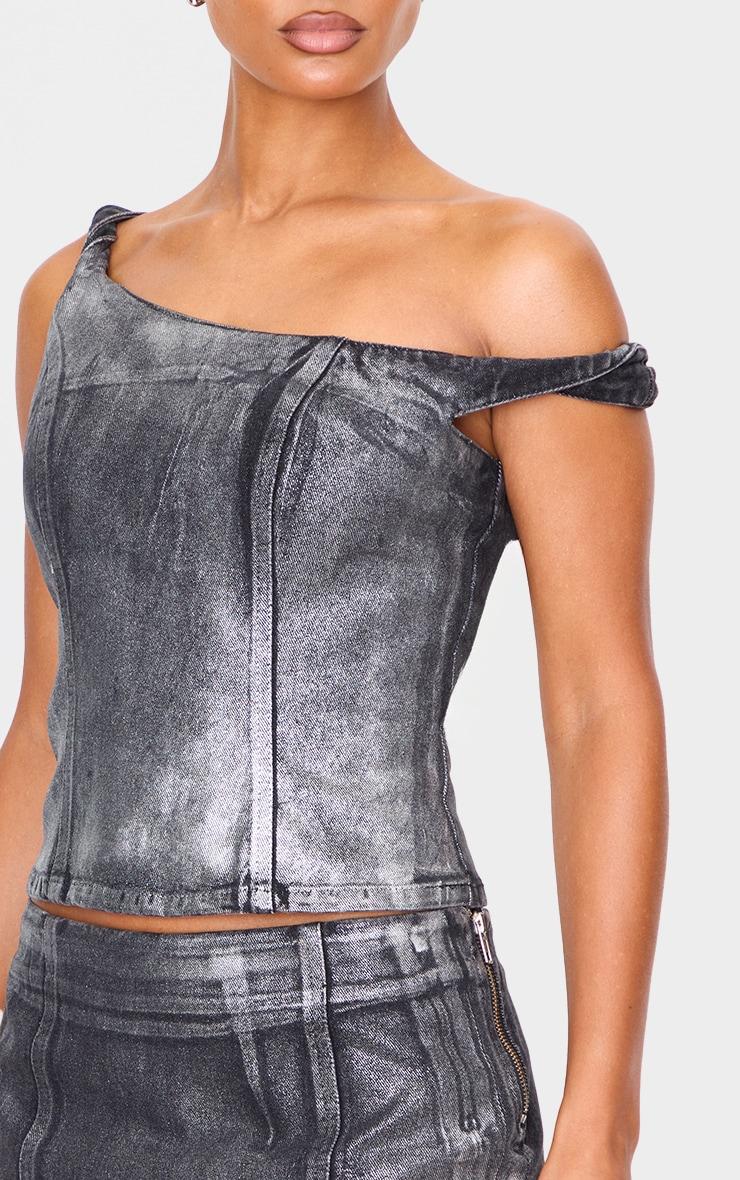Black Silver Metallic Foil Effect One Shoulder Denim Top Product Image