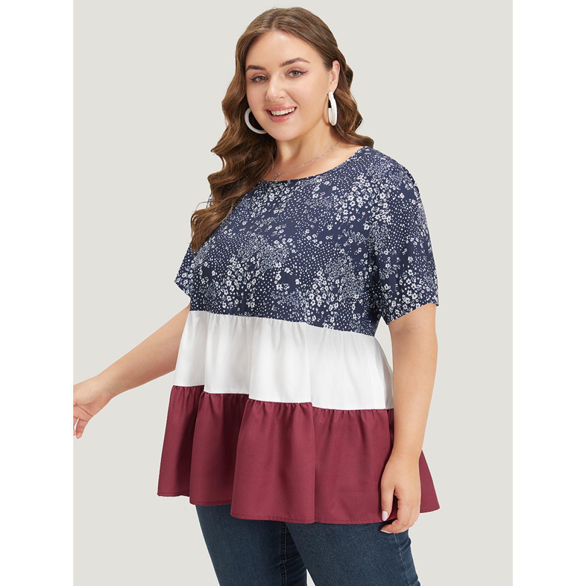 Plus Size Russet Star Patchwork Contrast Layered Hem Blouse Women Elegant Short sleeve Round Neck Everyday Blouses BloomChic 18-20/2X Product Image