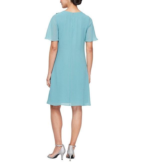 Ignite Evenings Scoop Neck Short Sleeve Tulip Overlay Beaded Trim Chiffon Dress Product Image