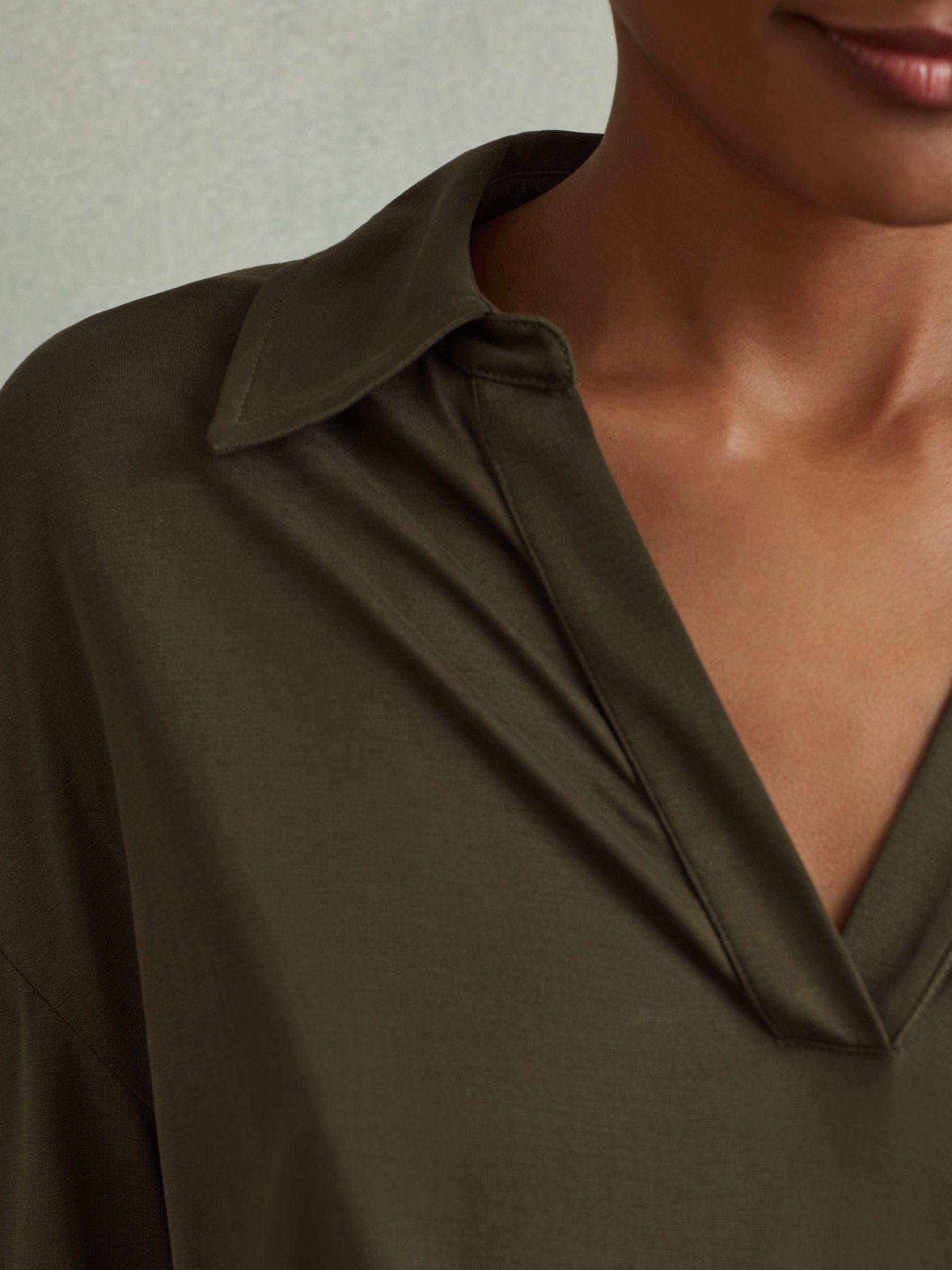 Victoria Khaki Ruched Jersey Open-Collar Mini Dress Product Image